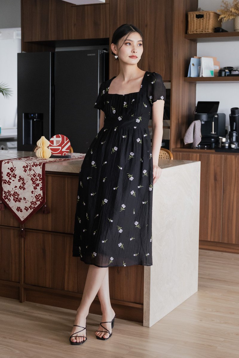 Rosea Embroidery Textured Midi Dress In Black