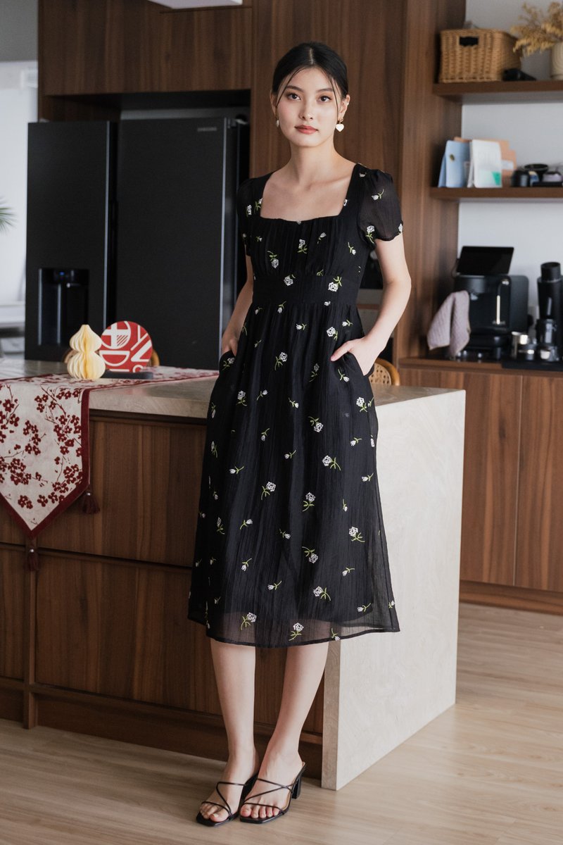 Rosea Embroidery Textured Midi Dress In Black