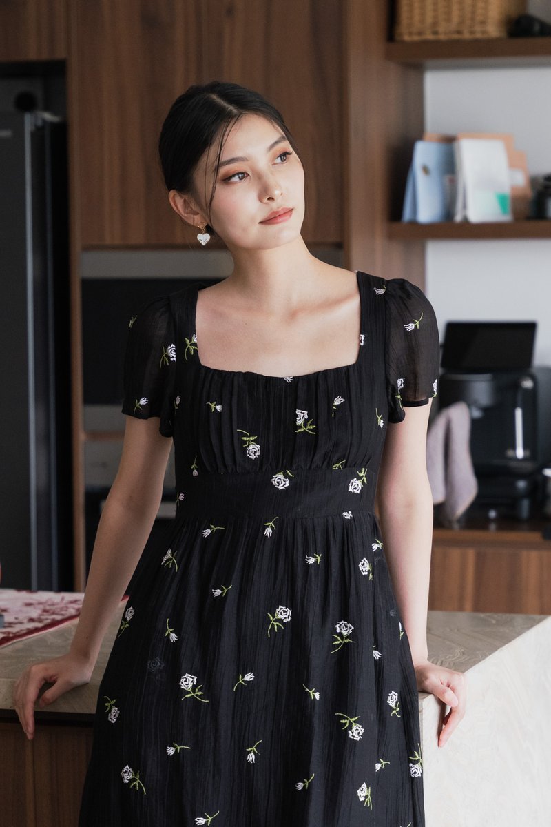 Rosea Embroidery Textured Midi Dress In Black