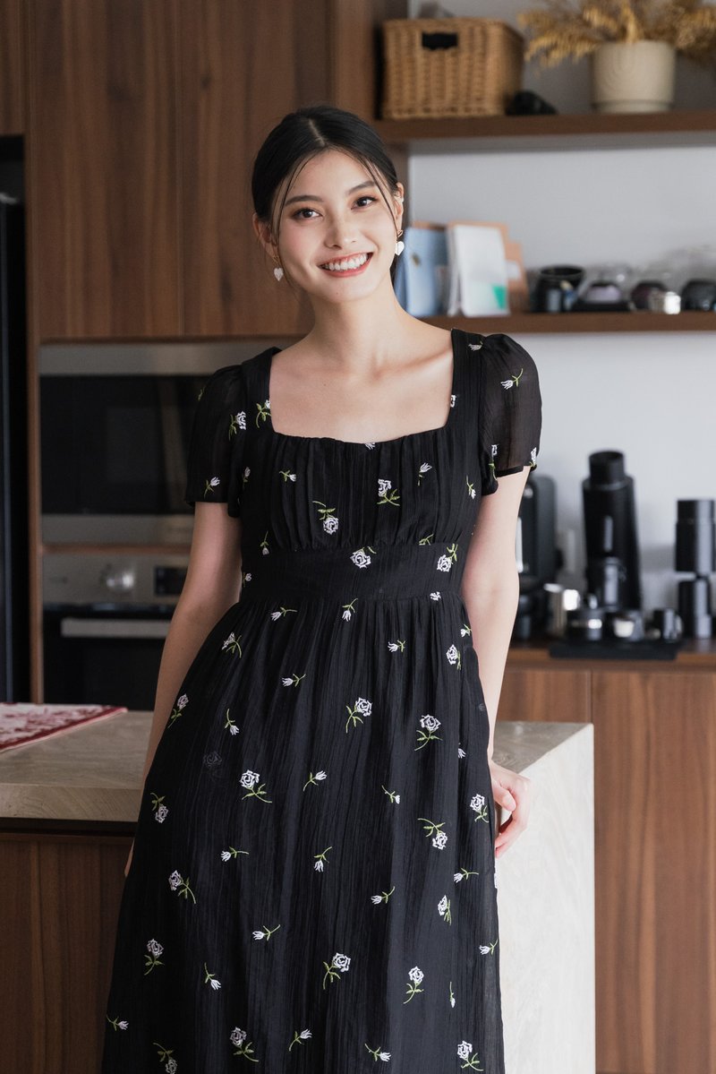 Rosea Embroidery Textured Midi Dress In Black