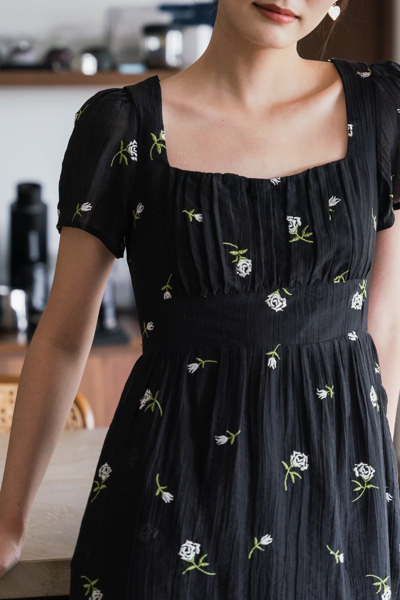 Rosea Embroidery Textured Midi Dress In Black