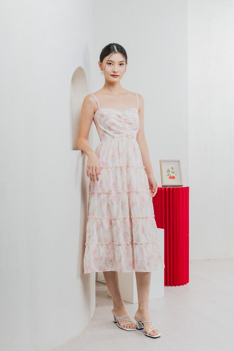 Jing Eyelet Floral Tiered Midi Dress In Blush Pink