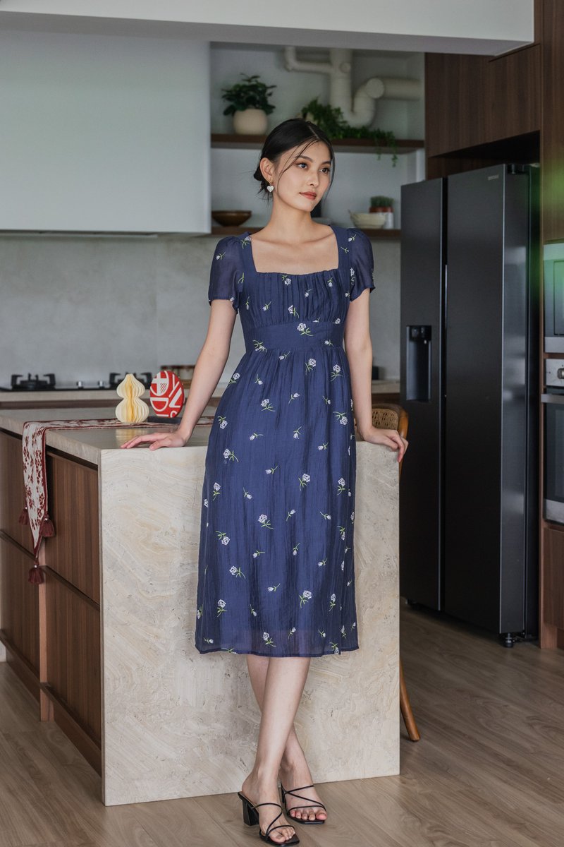 Rosea Embroidery Textured Midi Dress In Navy