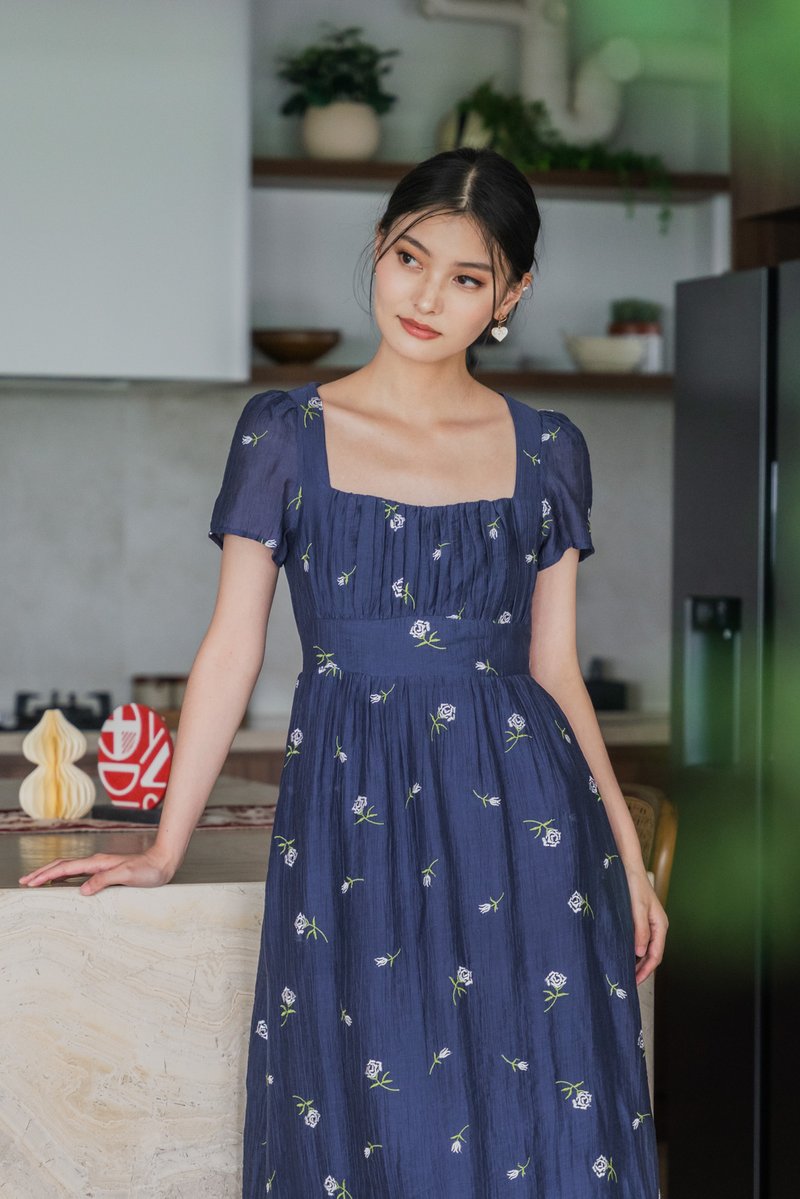 Rosea Embroidery Textured Midi Dress In Navy