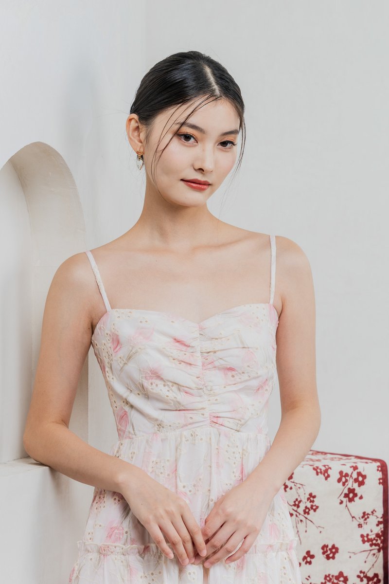 Jing Eyelet Floral Tiered Midi Dress In Blush Pink