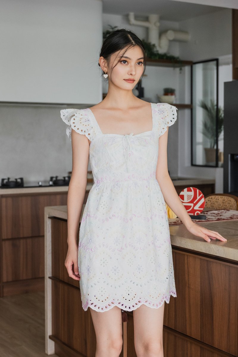 Rhys Rainbow Eyelet Ruffles Dress in Rainbow