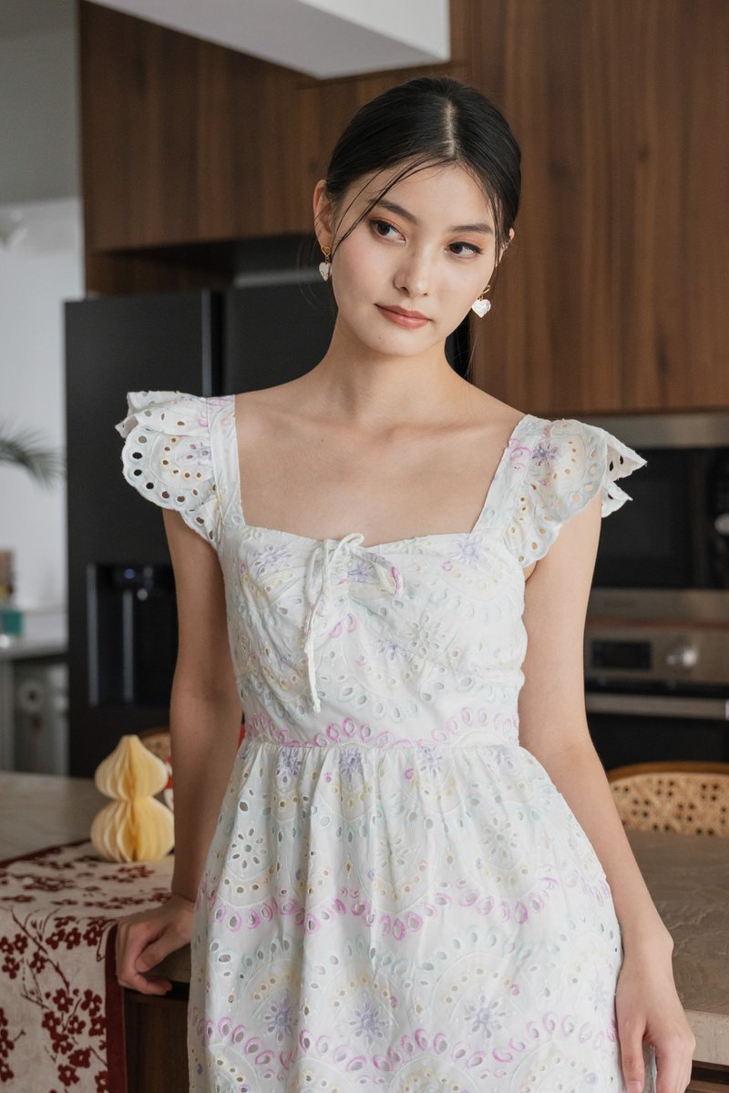 Rhys Rainbow Eyelet Ruffles Dress in Rainbow