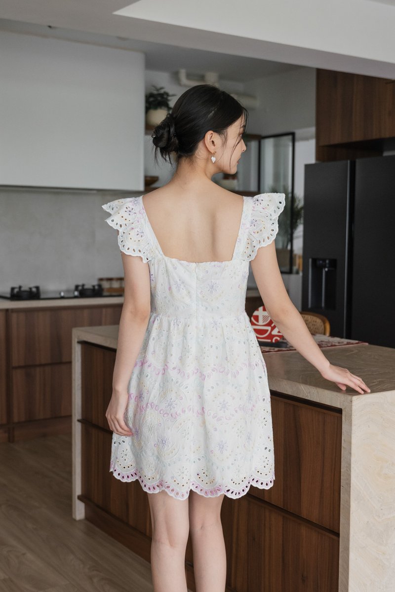 Rhys Rainbow Eyelet Ruffles Dress in Rainbow