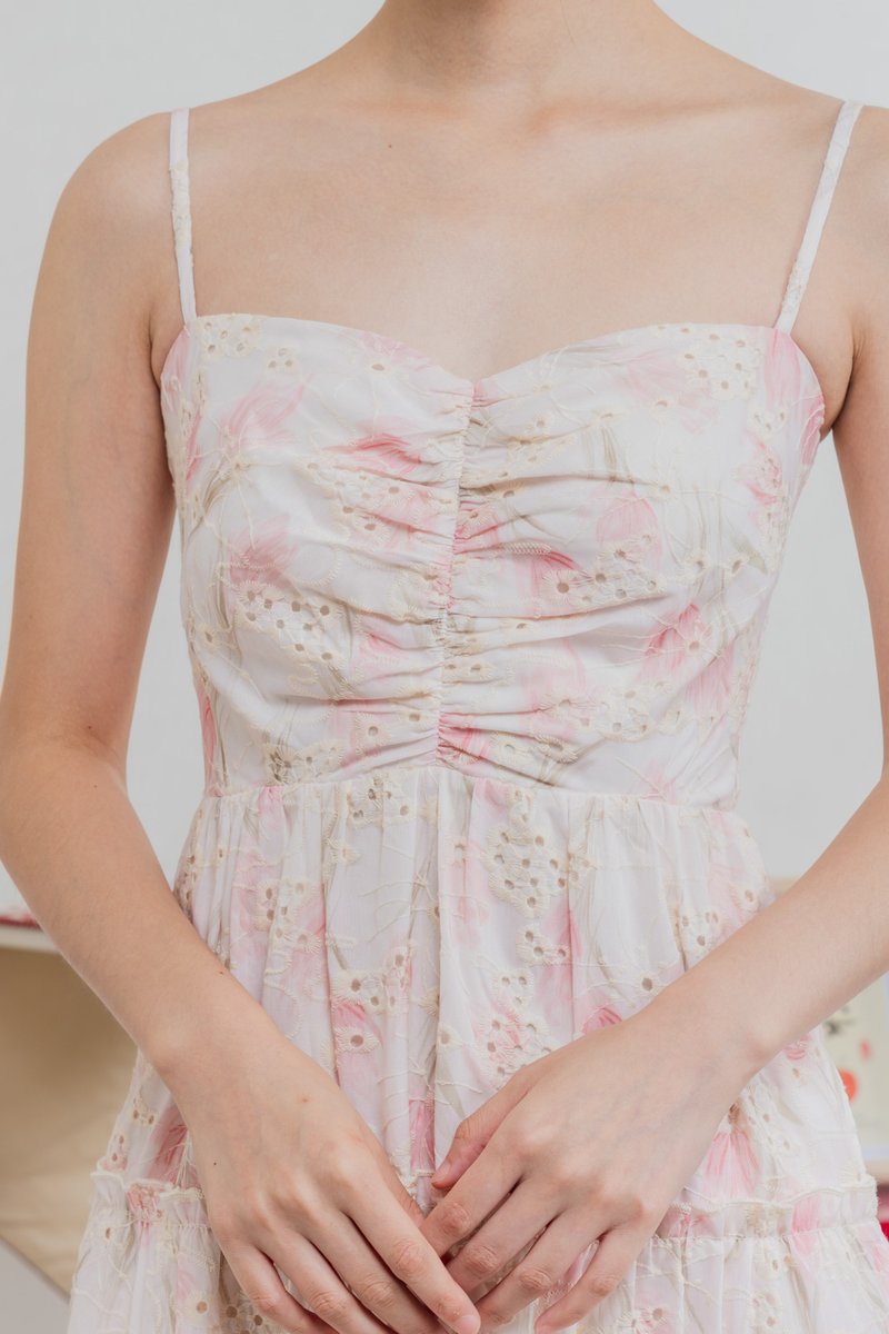 Jing Eyelet Floral Tiered Midi Dress In Blush Pink