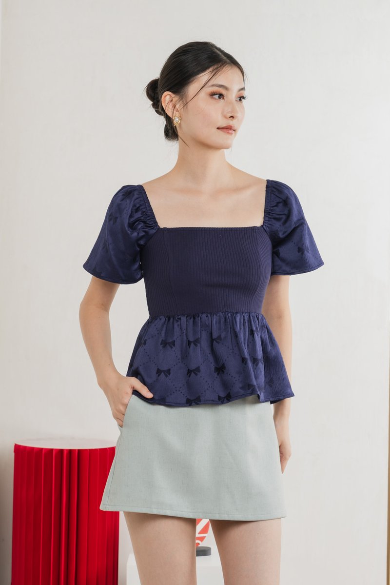 Marcelle Mixed Fabric Ribbon Texture Top In Navy