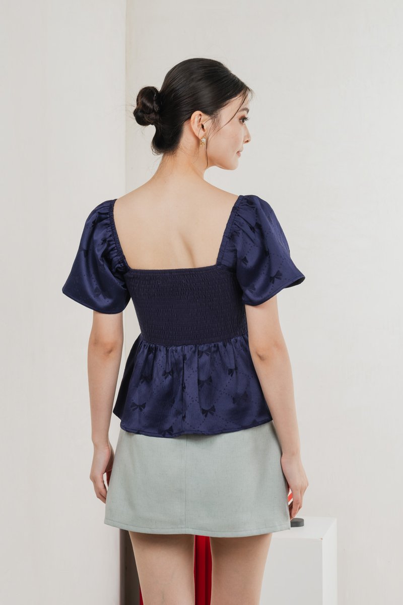 Marcelle Mixed Fabric Ribbon Texture Top In Navy