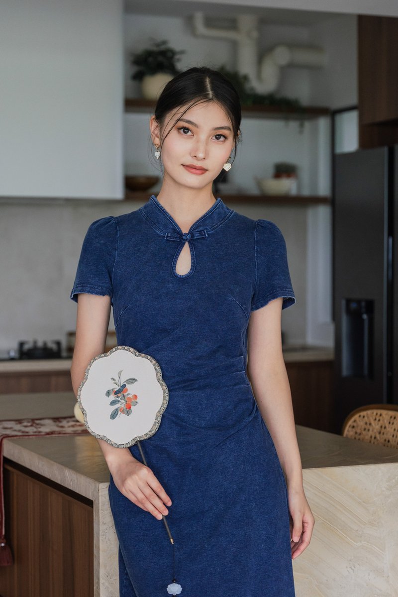 Ai Denim Ruched Qipao Midi Dress in Dark Wash