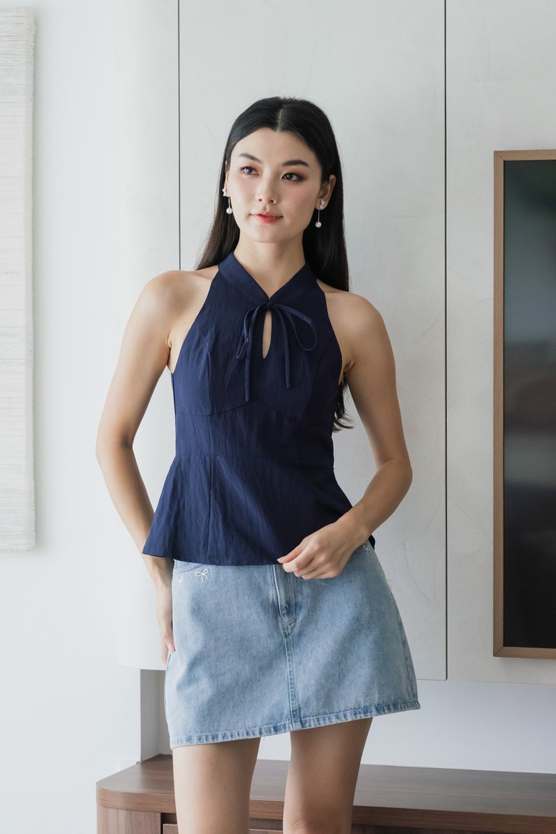 Lunar Mandarin Collar Halter Top In Navy