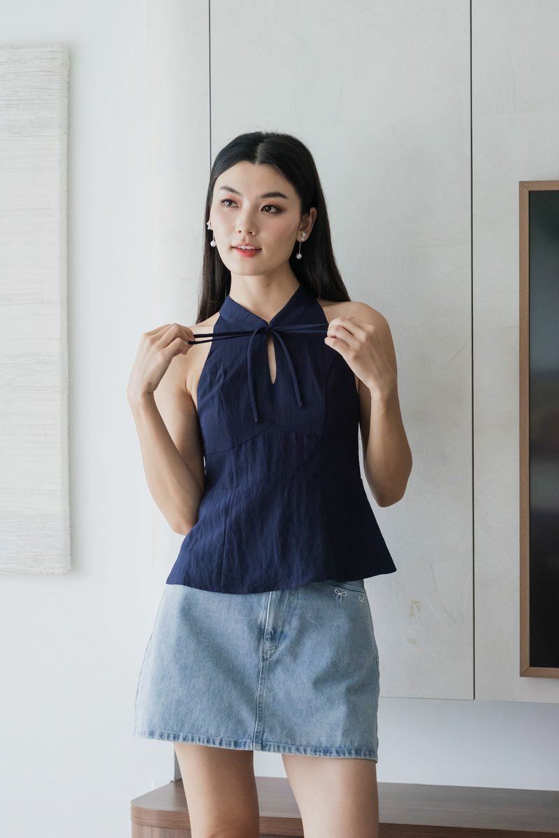 Lunar Mandarin Collar Halter Top In Navy