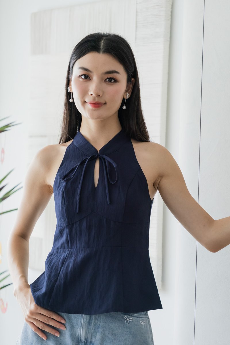 Lunar Mandarin Collar Halter Top In Navy