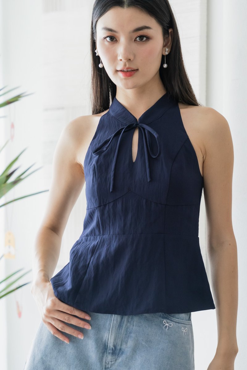 Lunar Mandarin Collar Halter Top In Navy