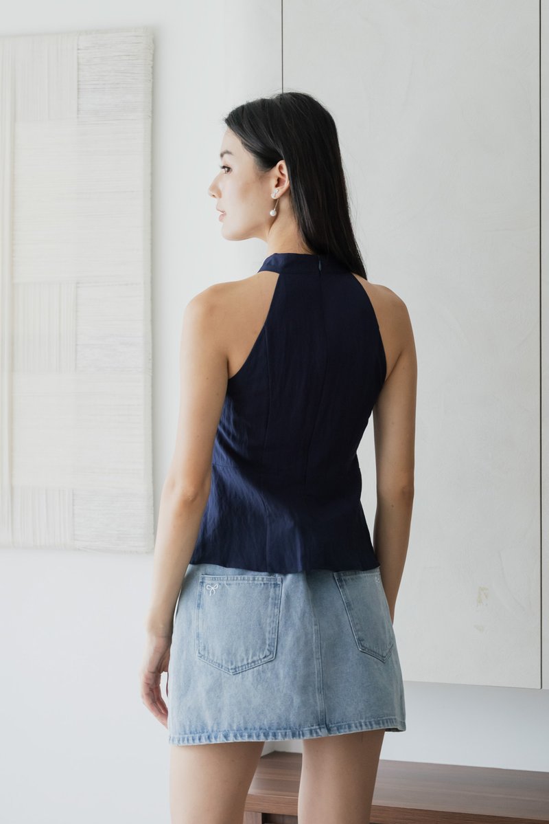 Lunar Mandarin Collar Halter Top In Navy