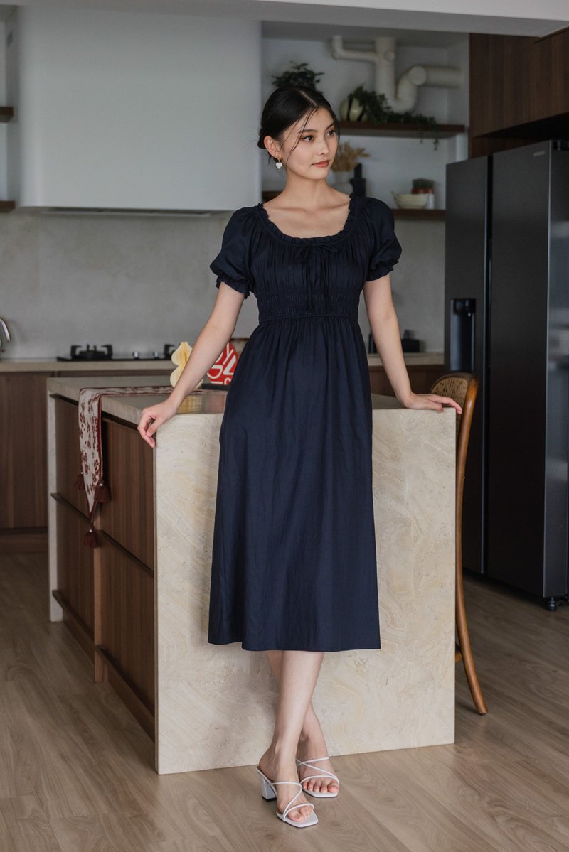 Margaret Ruched Ribbon Midi Dress In Navy