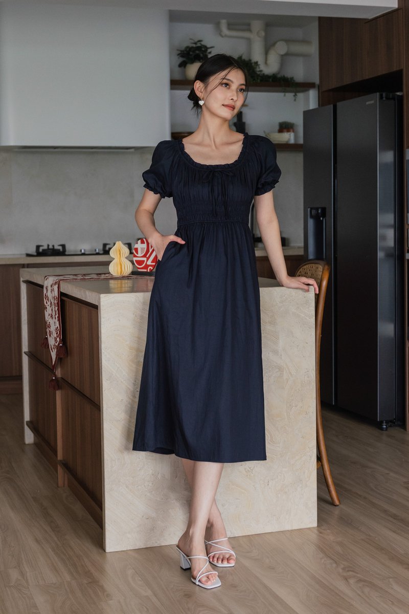 Margaret Ruched Ribbon Midi Dress In Navy