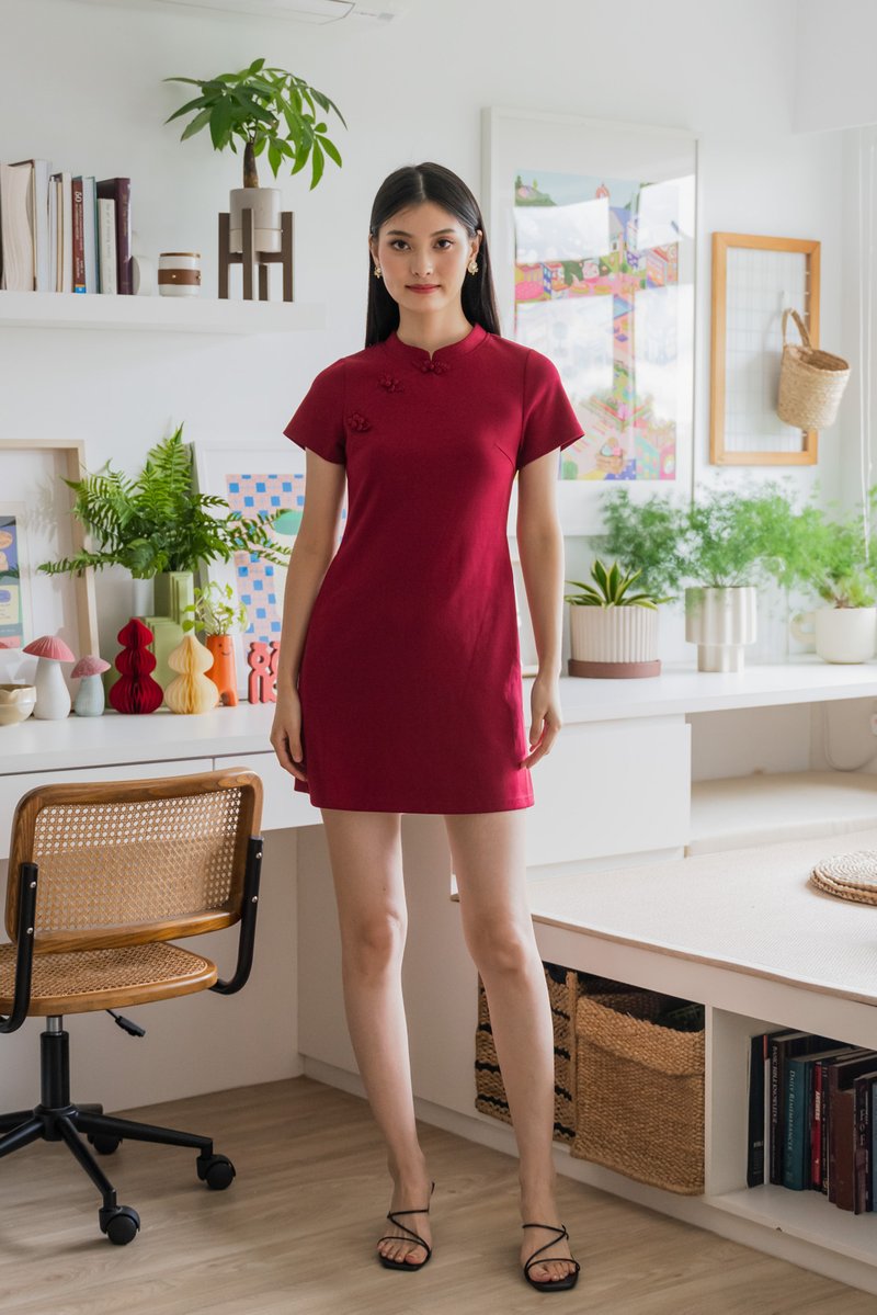 Hui Qipao Cotton Dress In Wine