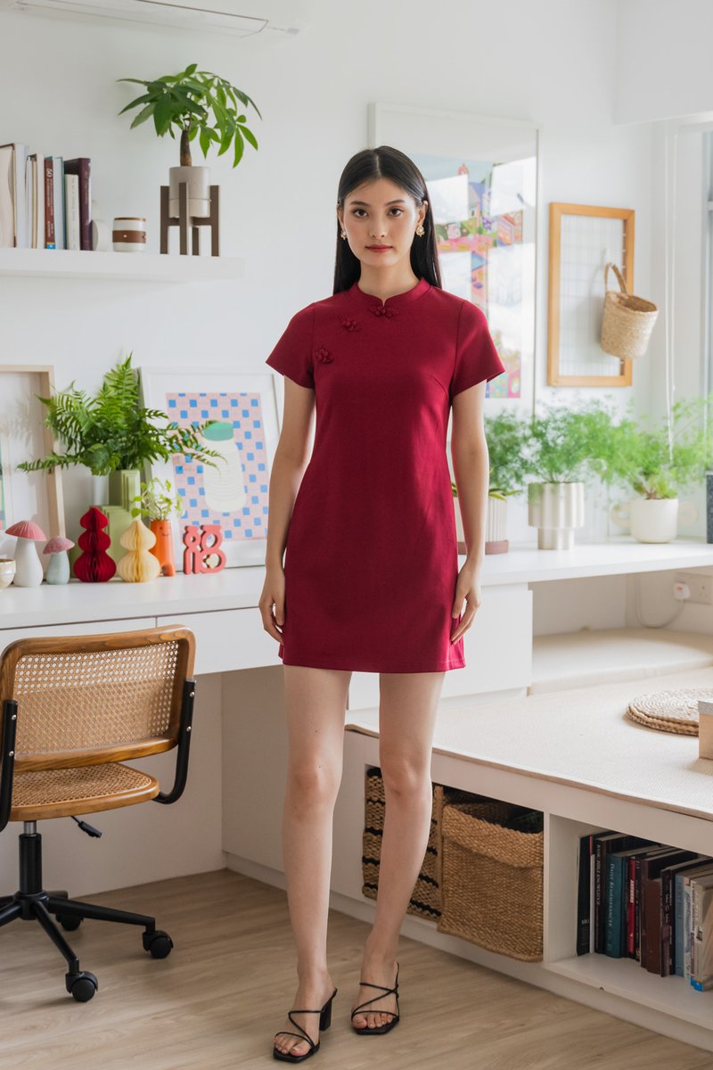 Hui Qipao Cotton Dress In Wine