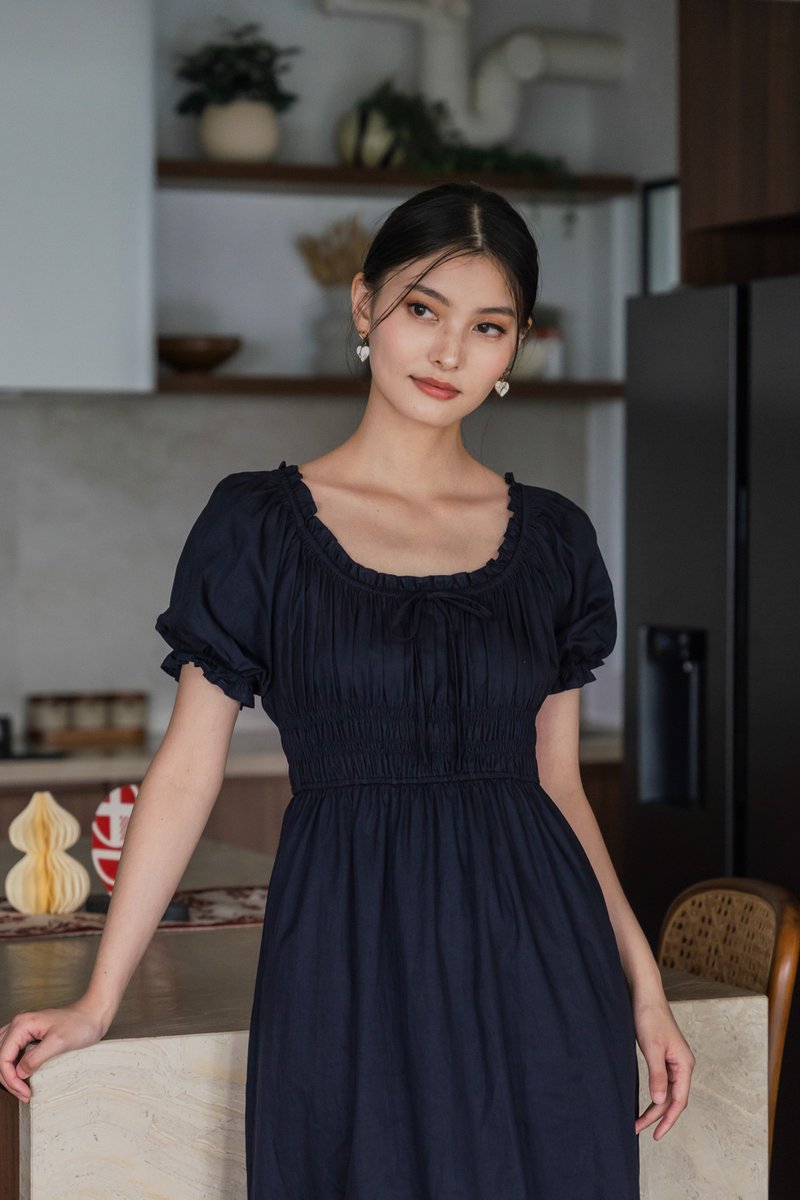 Margaret Ruched Ribbon Midi Dress In Navy