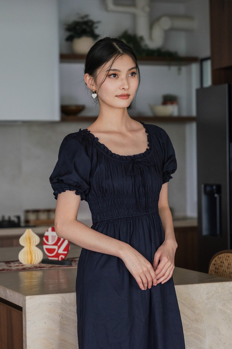 Margaret Ruched Ribbon Midi Dress In Navy