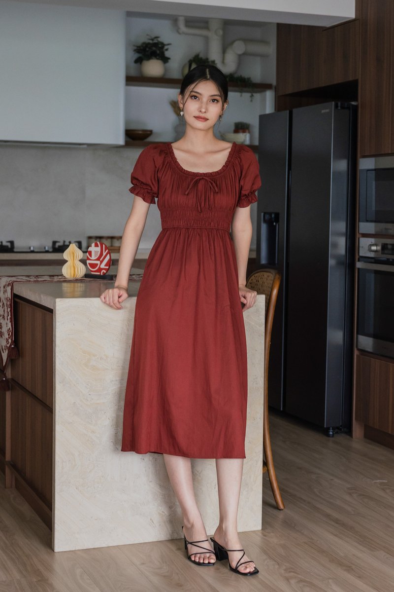 Margaret Ruched Ribbon Midi Dress In Brick Red