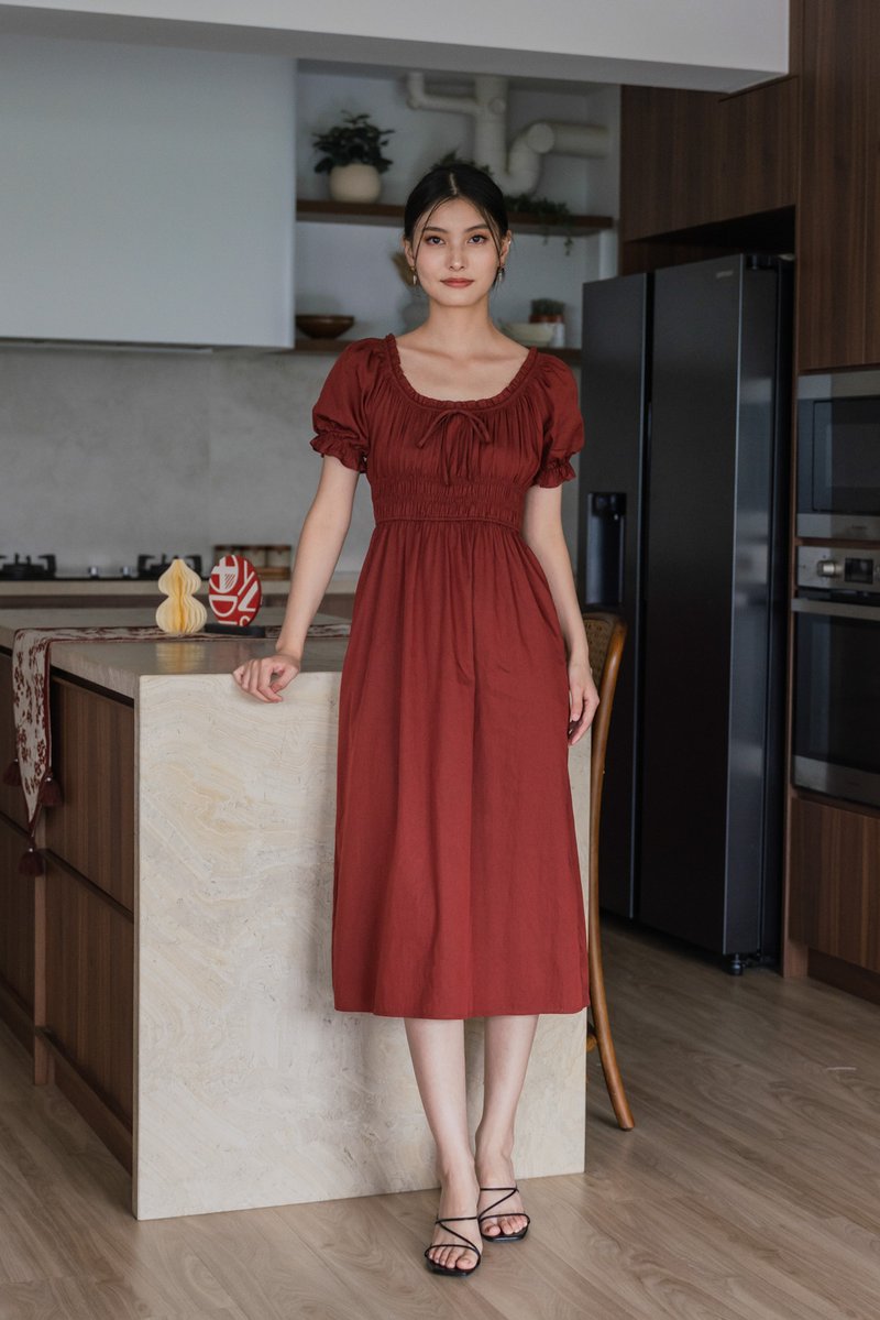 Margaret Ruched Ribbon Midi Dress In Brick Red