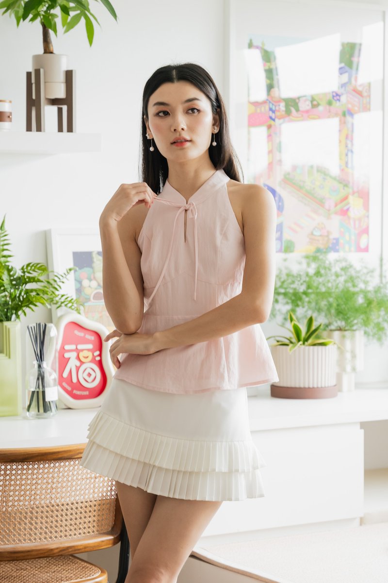 Lunar Mandarin Collar Halter Top In Ice Pink