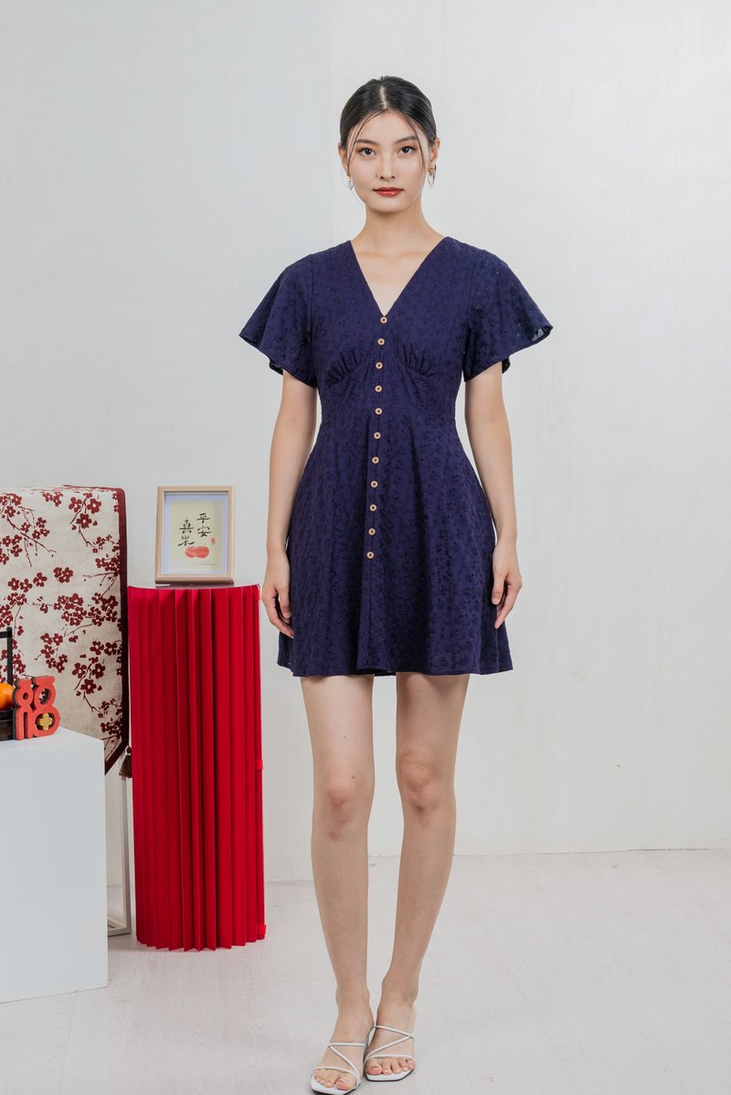Era Eyelet Buttons Dress In Navy
