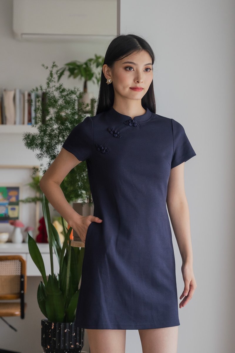 Hui Qipao Cotton Dress In Navy