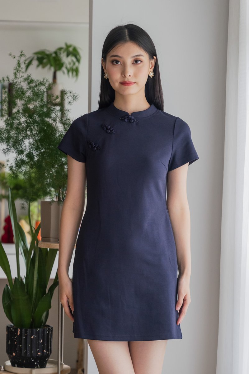 Hui Qipao Cotton Dress In Navy