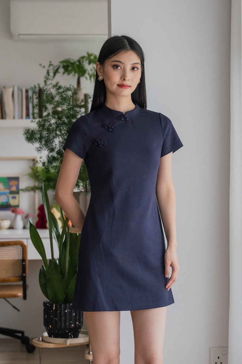Hui Qipao Cotton Dress In Navy