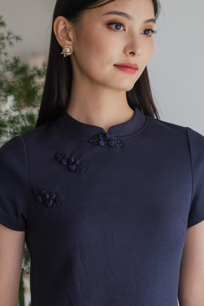 Hui Qipao Cotton Dress In Navy