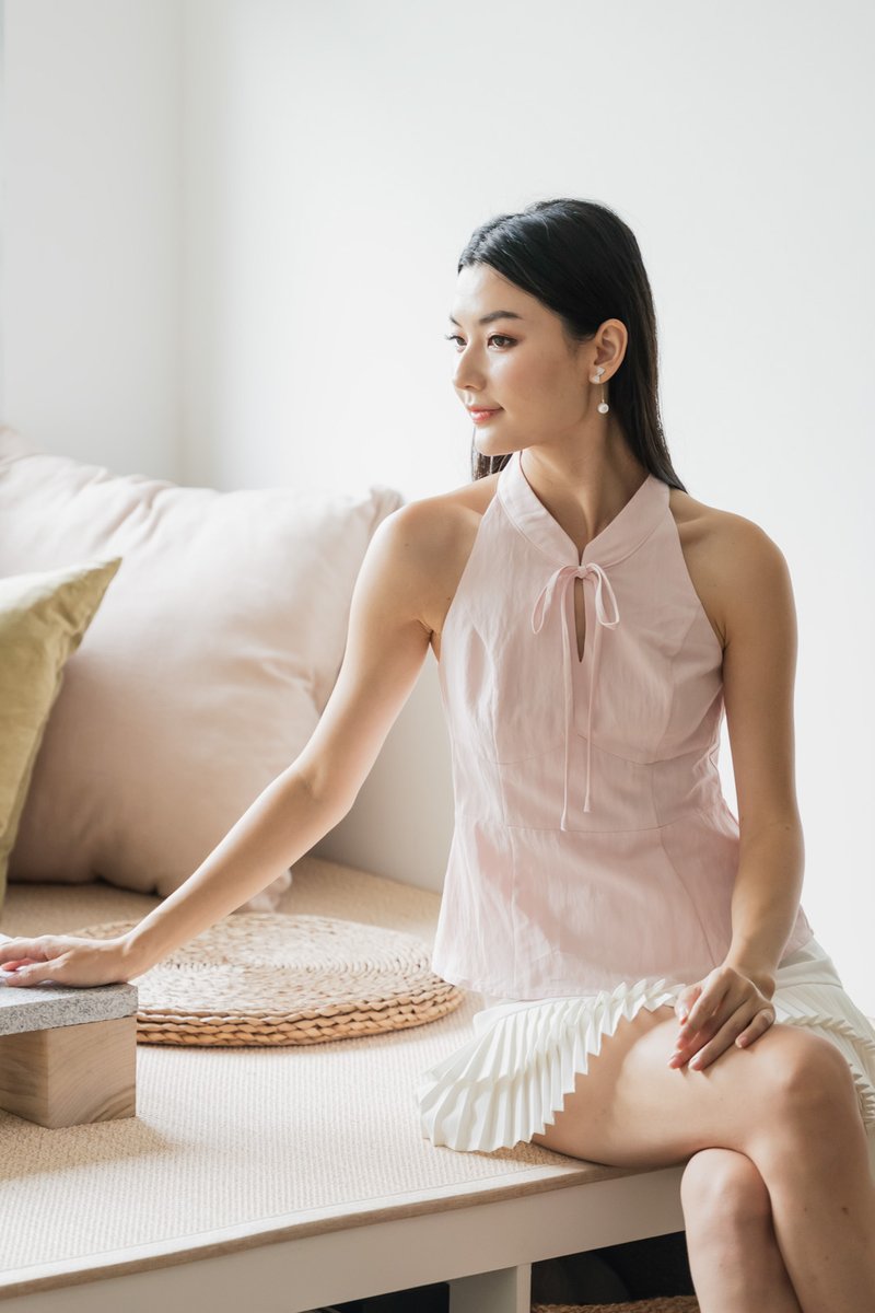 Lunar Mandarin Collar Halter Top In Ice Pink