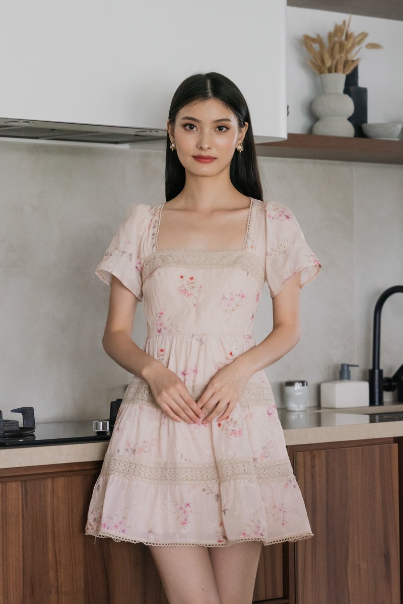 Petals Floral Eyelet Crochet Dress In Blush Pink