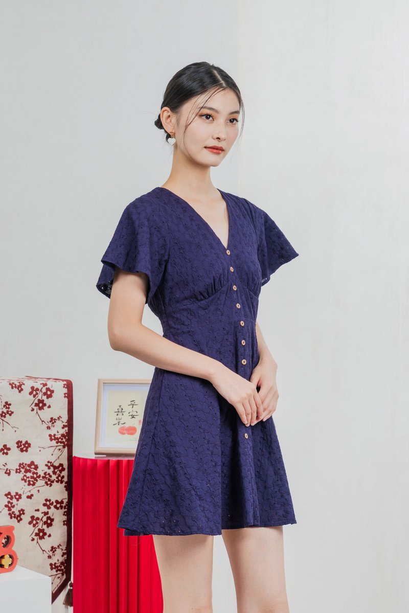 Era Eyelet Buttons Dress In Navy