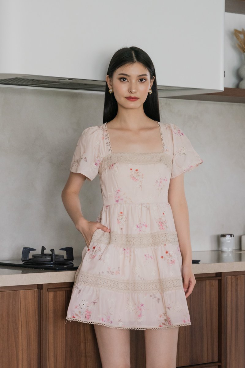 Petals Floral Eyelet Crochet Dress In Blush Pink