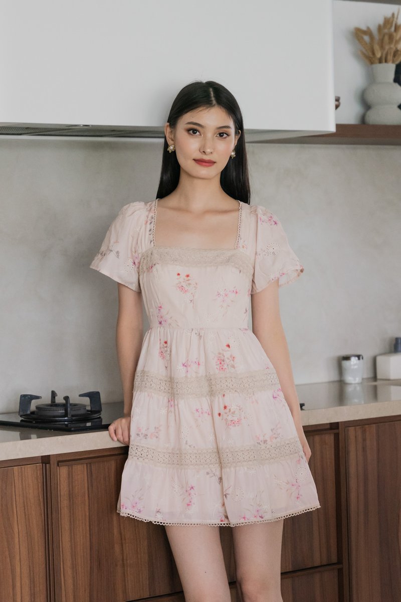 Petals Floral Eyelet Crochet Dress In Blush Pink
