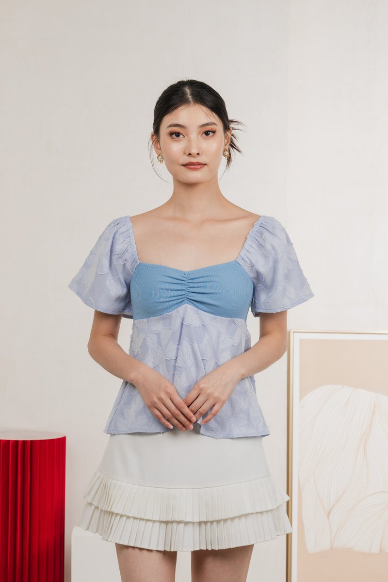 Blush Mixed Fabric Textured Top In Blue