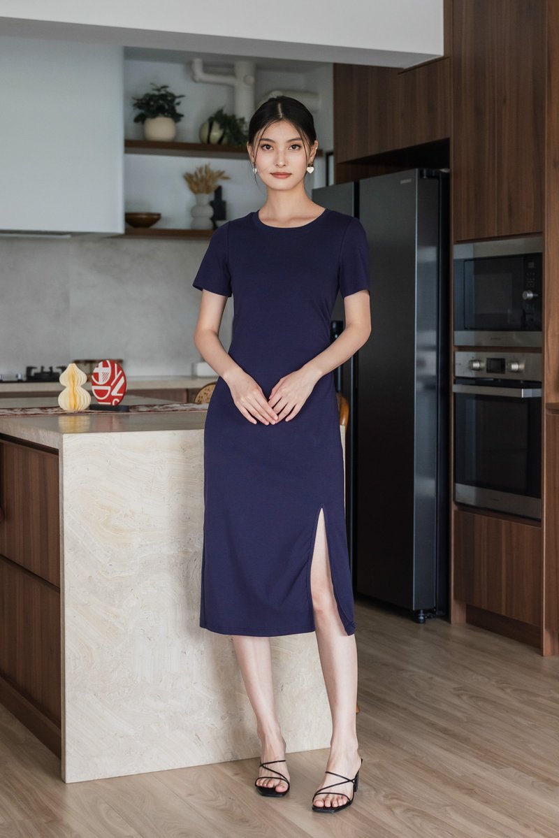 Osborn Cotton Slit Midi Dress In Navy