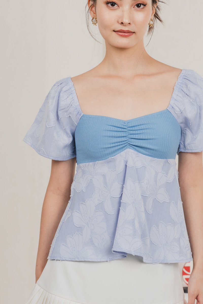 Blush Mixed Fabric Textured Top In Blue