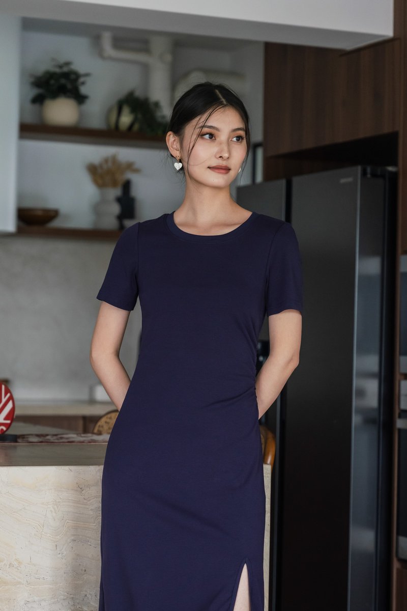 Osborn Cotton Slit Midi Dress In Navy