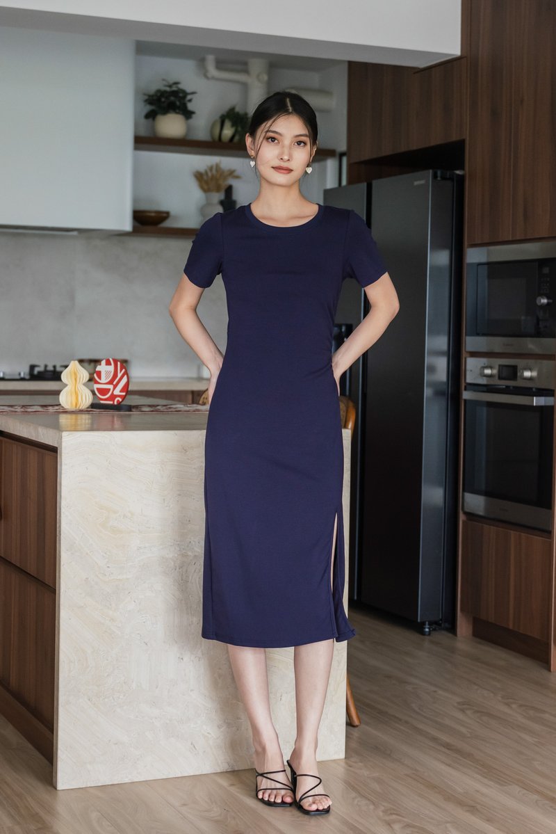 Osborn Cotton Slit Midi Dress In Navy