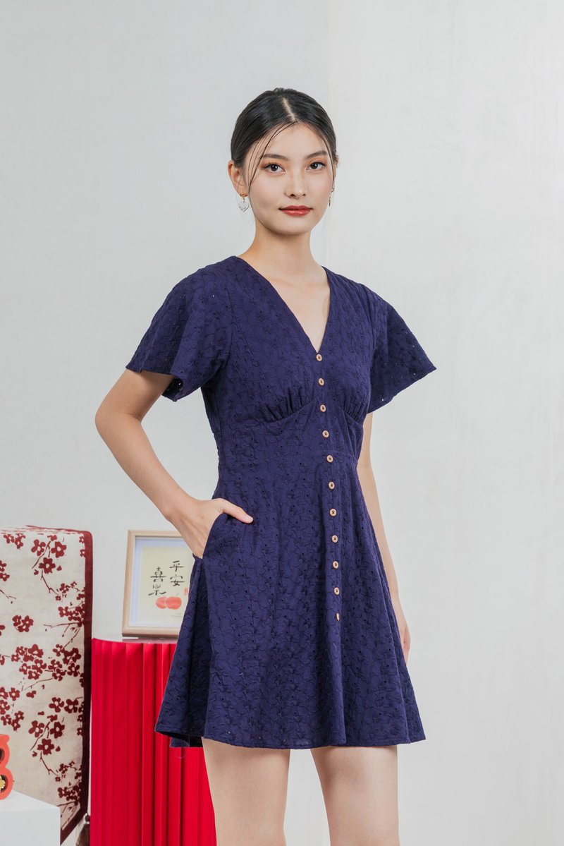 Era Eyelet Buttons Dress In Navy