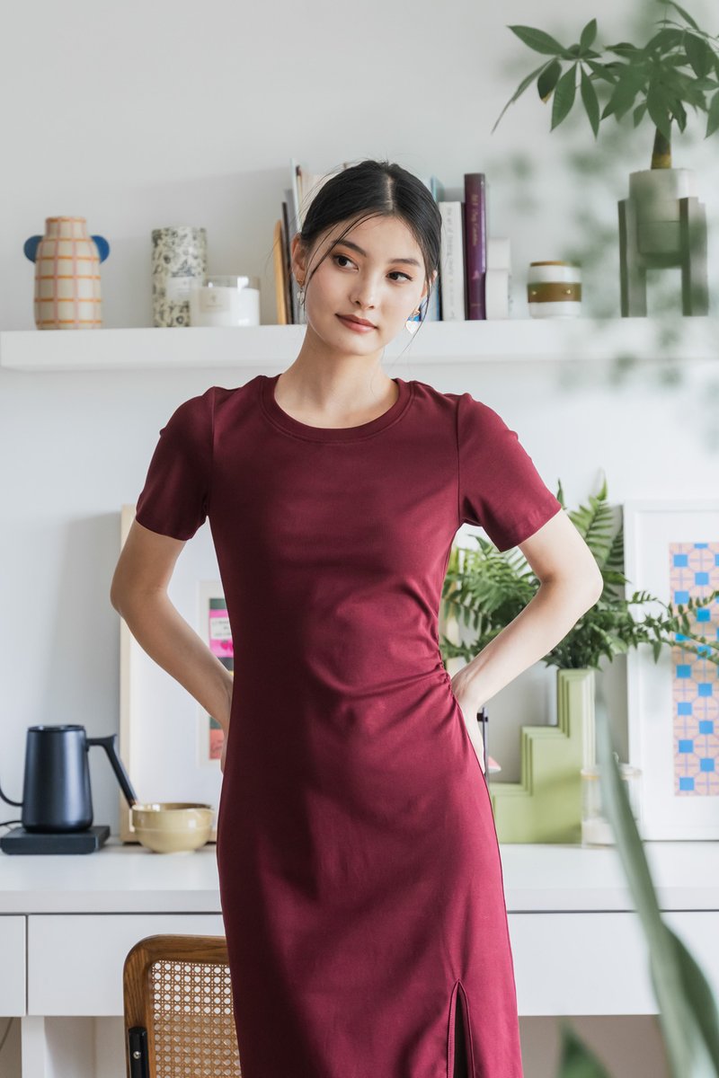 Osborn Cotton Slit Midi Dress In Wine