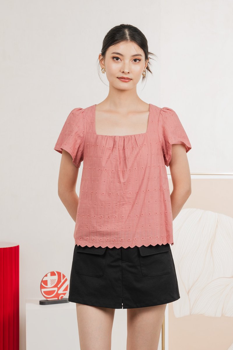 Genova Embroidery Eyelet Gathered Top In Rose