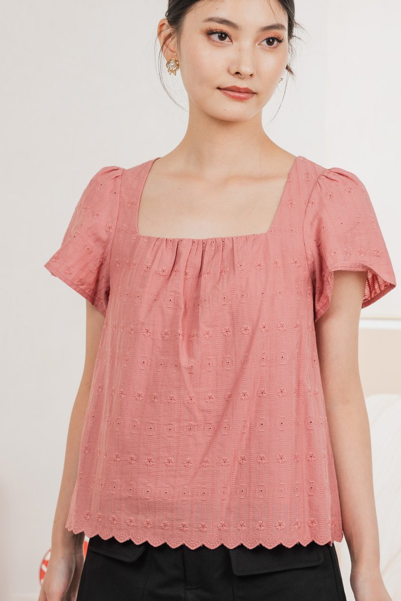 Genova Embroidery Eyelet Gathered Top In Rose