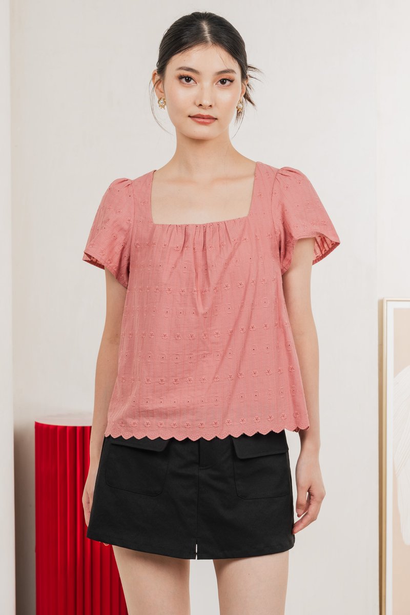 Genova Embroidery Eyelet Gathered Top In Rose